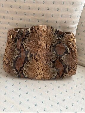 Python-Print Brown Leather Clutch with Gold Accents
